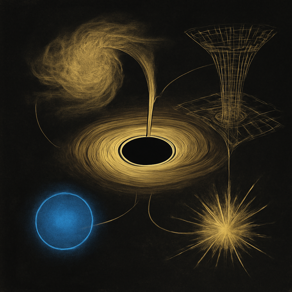scientific artwork for exploration about The Cosmic Abyss: Understanding Black Holes and Their Birth — technical illustration, specimen-plate style, scientific diagram aesthetic in contemplative precision, intellectual clarity