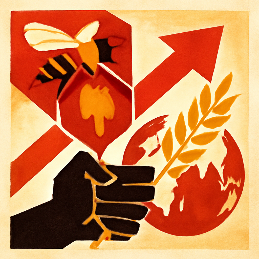 political artwork for exploration about Honey Production and Its Role in Enhancing Global Food Security — political poster, editorial illustration, infographic in urgent significance, power dynamics