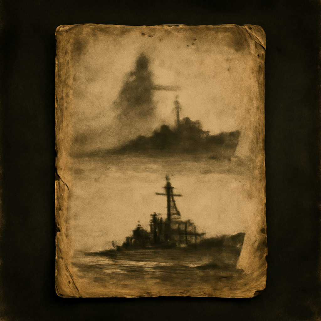 historical artwork for exploration about The Gulf of Tonkin: The Ghost Attack that Sparked a War — aged document, period illustration, archival photograph style in solemn gravitas, weight of time