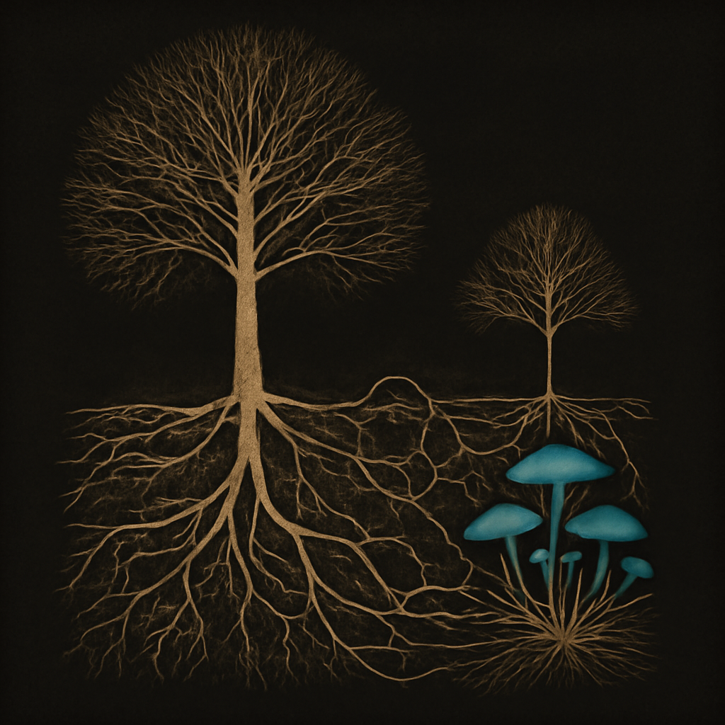 scientific artwork for exploration about The Wood Wide Web: How Trees Talk Underground — technical illustration, specimen-plate style, scientific diagram aesthetic in contemplative precision, intellectual clarity