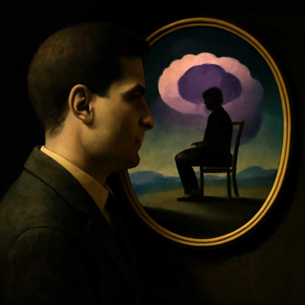 psychological artwork for exploration about Mind-Watching: How to Step Back and Observe Your Own Thoughts — surrealist, Magritte-esque, inner landscape in uncanny introspection, dreamlike depth