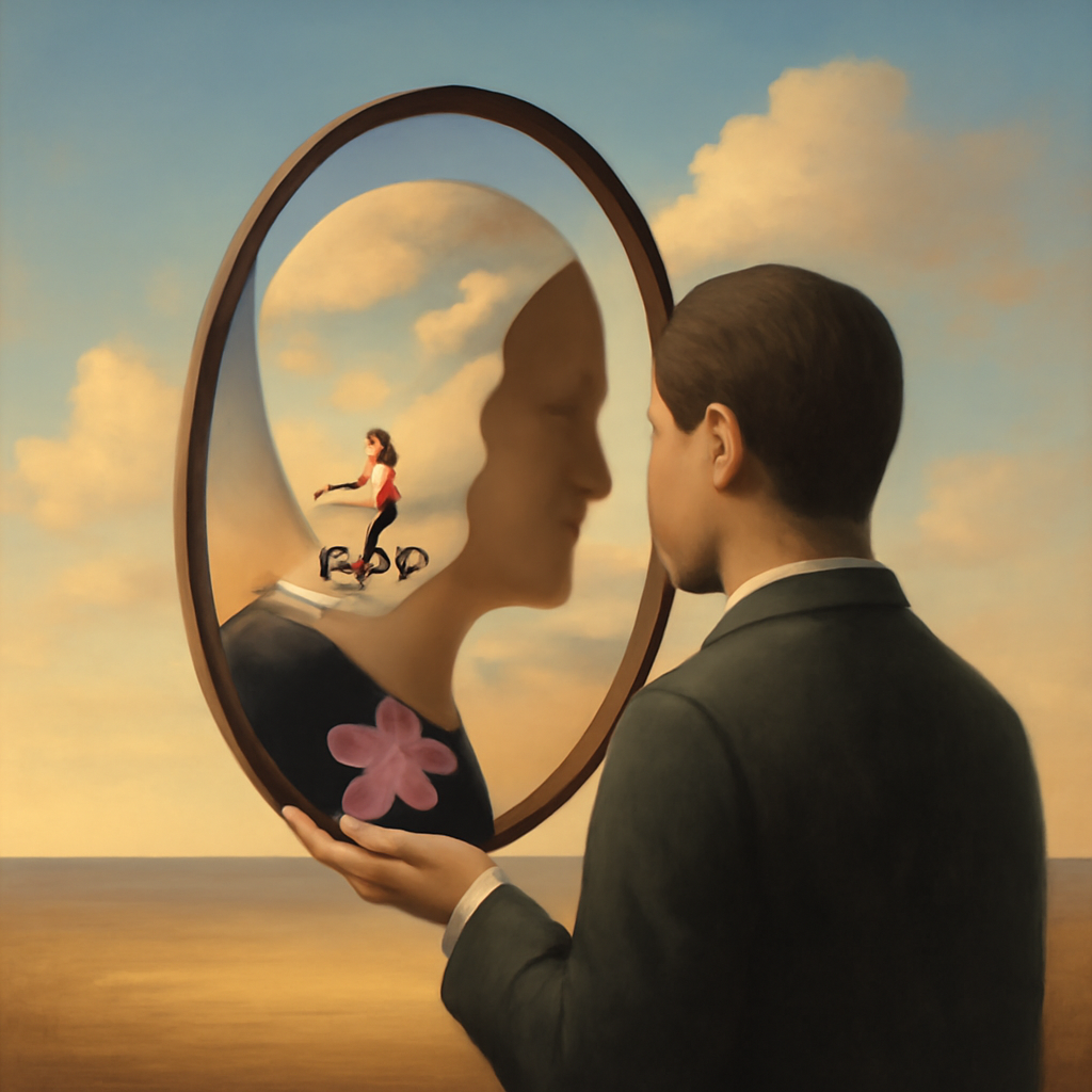 psychological artwork for exploration about The Foundational Role of Motor Creativity in Complex Problem Solving — surrealist, Magritte-esque, inner landscape in uncanny introspection, dreamlike depth