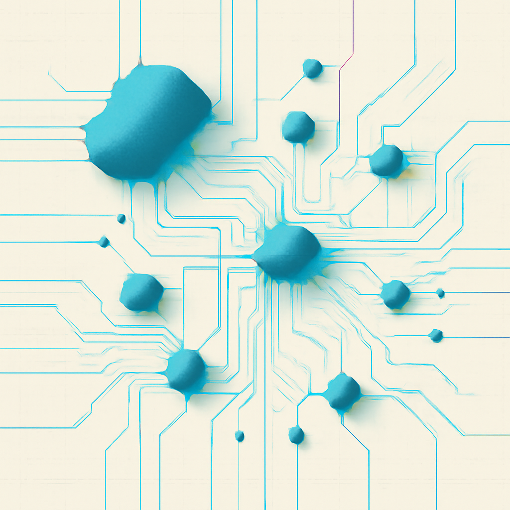technological artwork for exploration about Mastic Networks: The Sticky Web of Communications — blueprint, circuit aesthetic, technical schematic in sleek futurism, controlled power