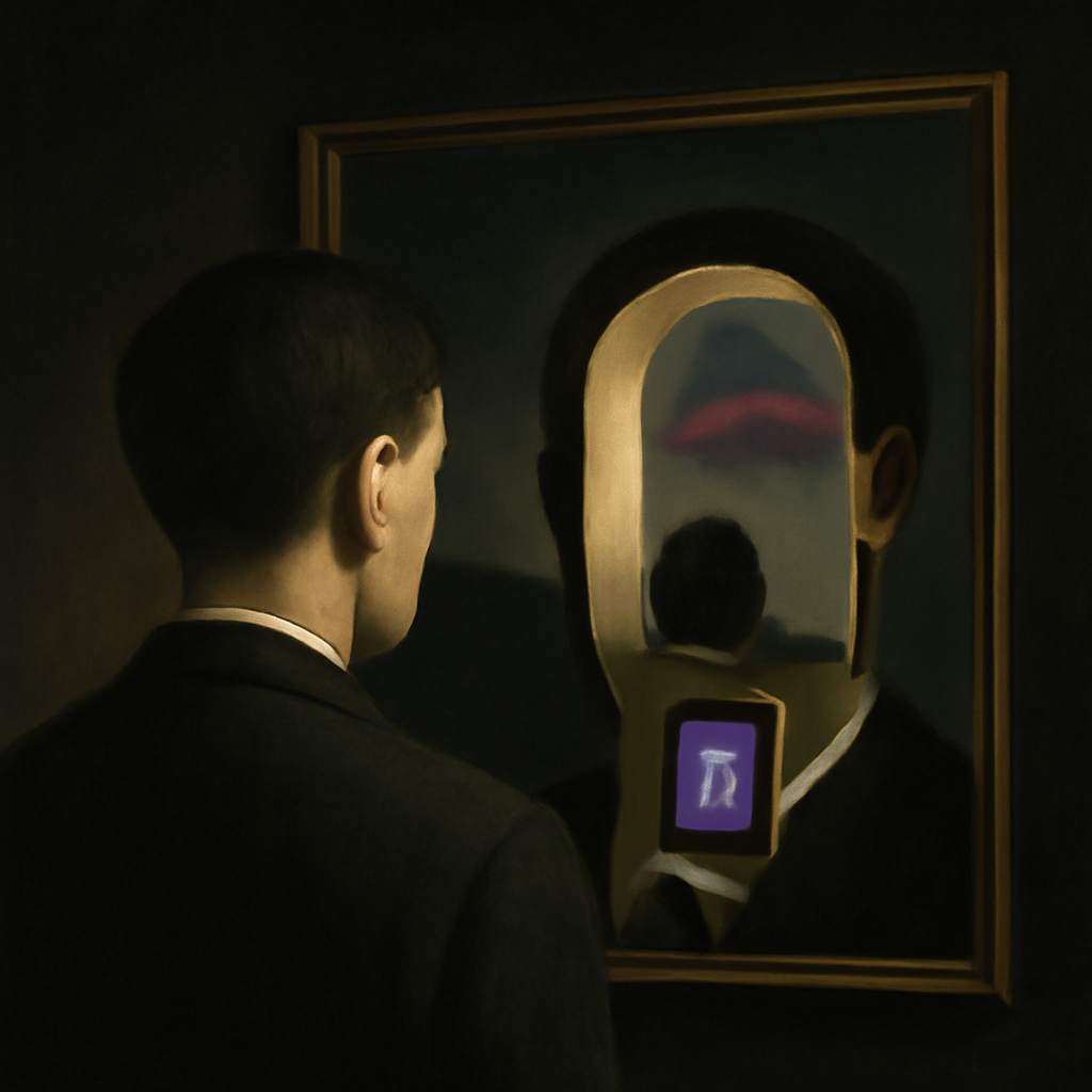 psychological artwork for exploration about Outsourcing Your Mind: Does AI Make Us Dumber? — surrealist, Magritte-esque, inner landscape in uncanny introspection, dreamlike depth