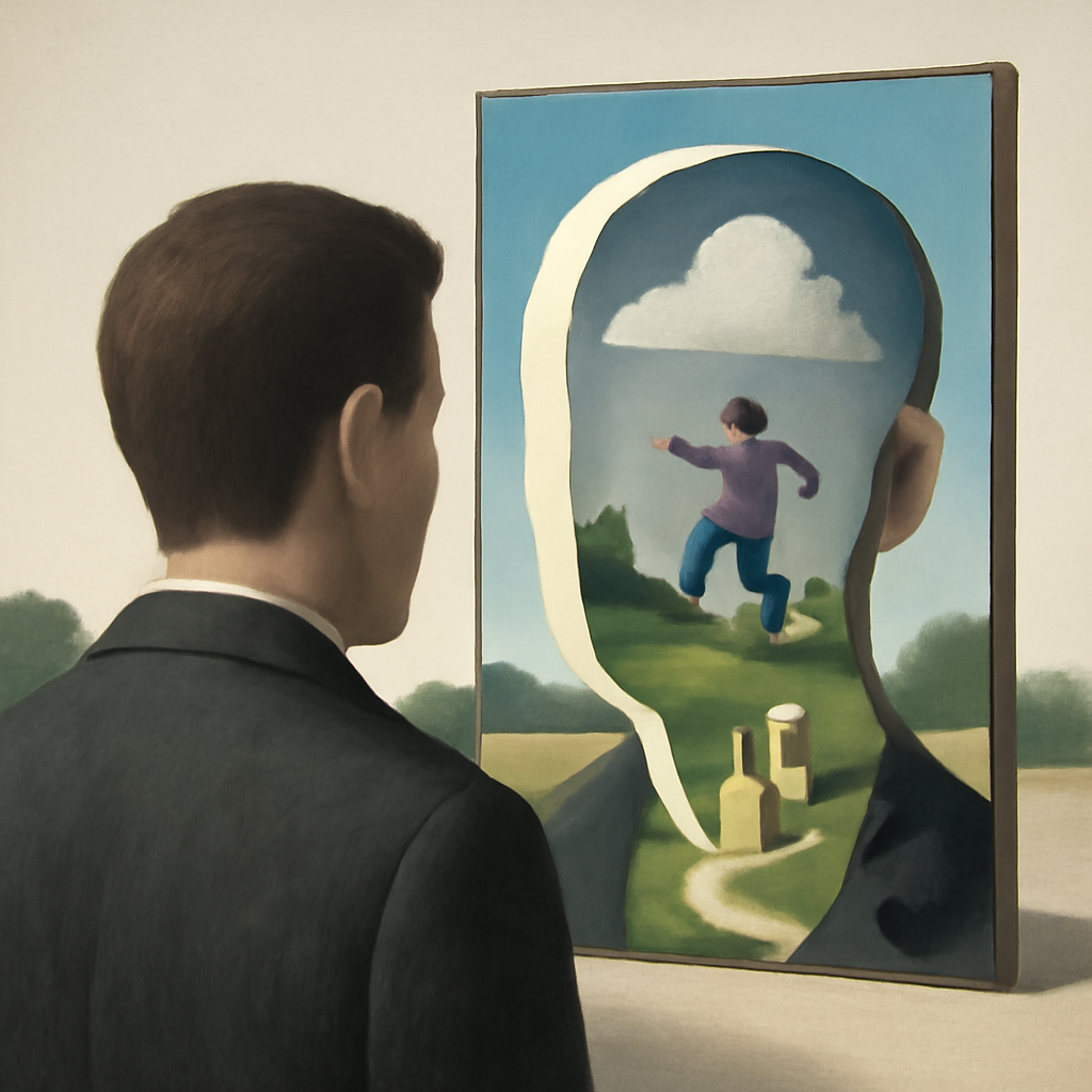 psychological artwork for exploration about The Power of Playfulness: Enhancing Creativity and Problem Solving — surrealist, Magritte-esque, inner landscape in uncanny introspection, dreamlike depth