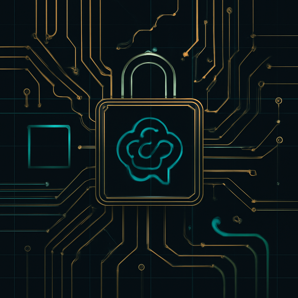 technological artwork for exploration about Privacy-Focused Chat AI: Keeping Your Conversations Safe — blueprint, circuit aesthetic, technical schematic in sleek futurism, controlled power