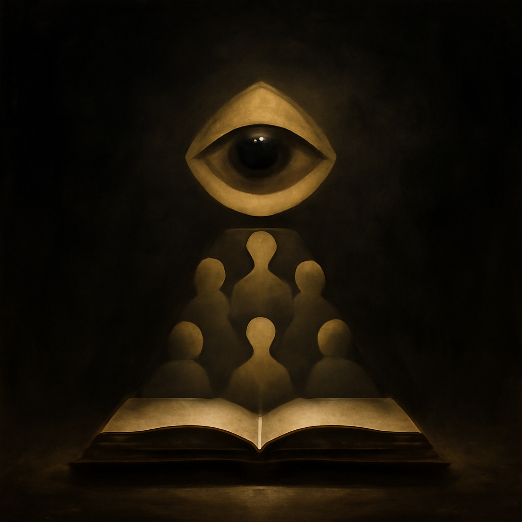 philosophical artwork for exploration about The Enduring Relevance of Orwell's 1984: Multidisciplinary Perspectives — abstract symbolic, chiaroscuro, visual metaphor in profound contemplation, existential depth