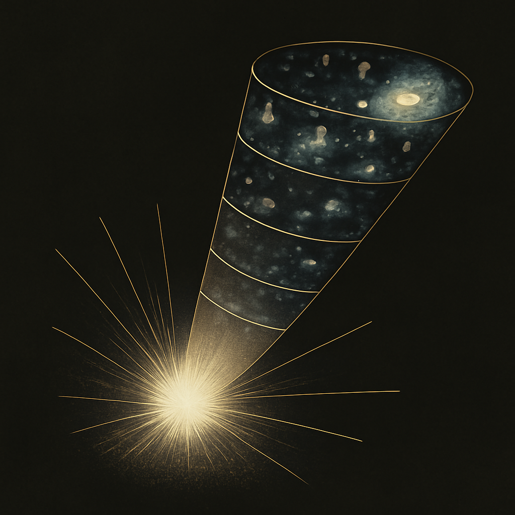 scientific artwork for exploration about The Horizon of Cosmic Genesis: Deciphering the Big Bang — technical illustration, specimen-plate style, scientific diagram aesthetic in contemplative precision, intellectual clarity