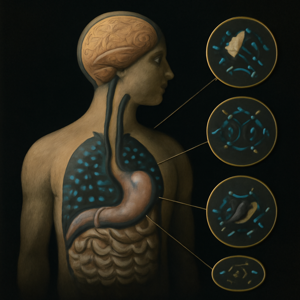 scientific artwork for exploration about The Invisible Invasion: Microplastics and the Human Body — technical illustration, specimen-plate style, scientific diagram aesthetic in contemplative precision, intellectual clarity