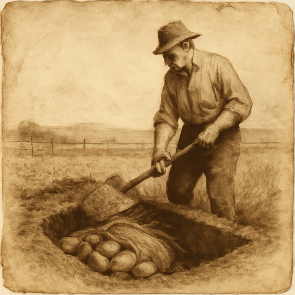 historical artwork for exploration about The Secret Harvests: Why New Zealand Farmers Buried Their Crops for Decades — aged document, period illustration, archival photograph style in solemn gravitas, weight of time