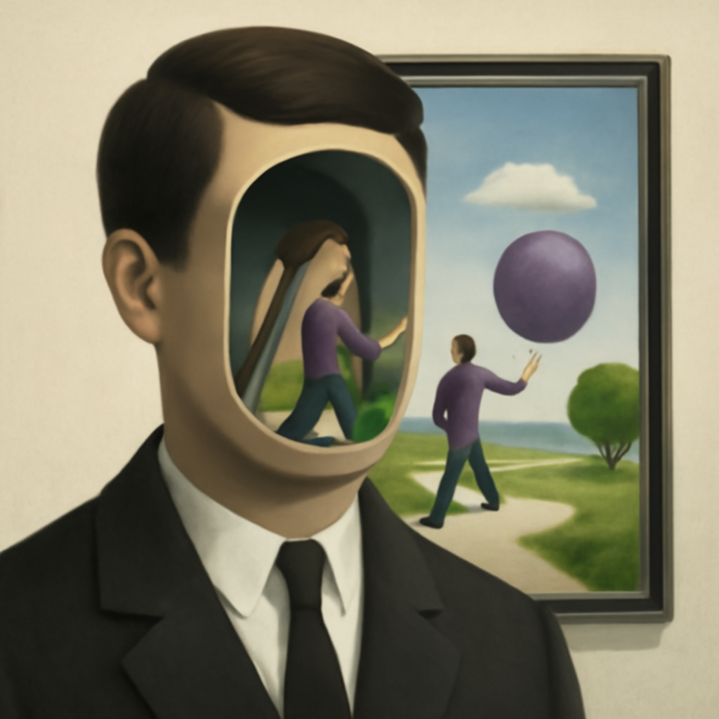psychological artwork for exploration about Cultivating Playfulness: Pathways to a More Playful Life — surrealist, Magritte-esque, inner landscape in uncanny introspection, dreamlike depth