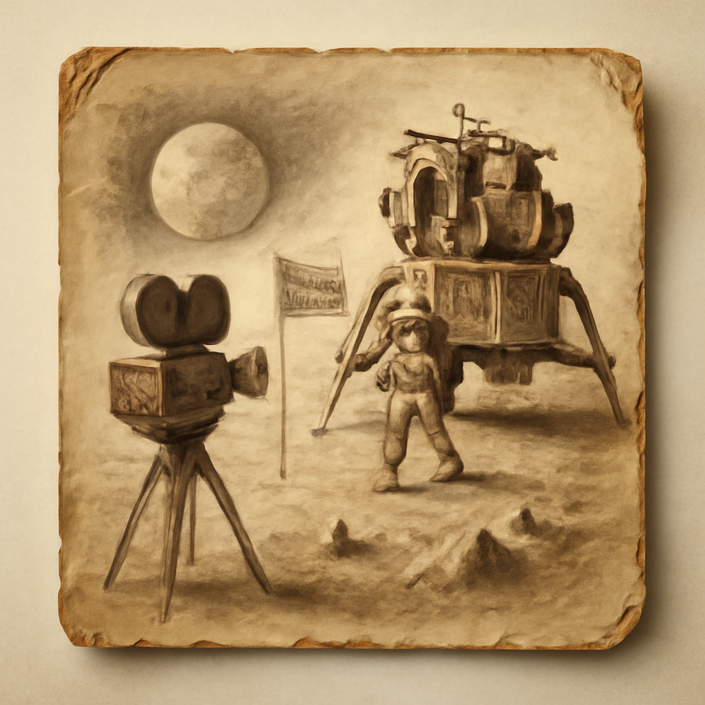historical artwork for exploration about The Moon Landing Hoax: Unraveling the Myth of a Fake Apollo Mission — aged document, period illustration, archival photograph style in solemn gravitas, weight of time