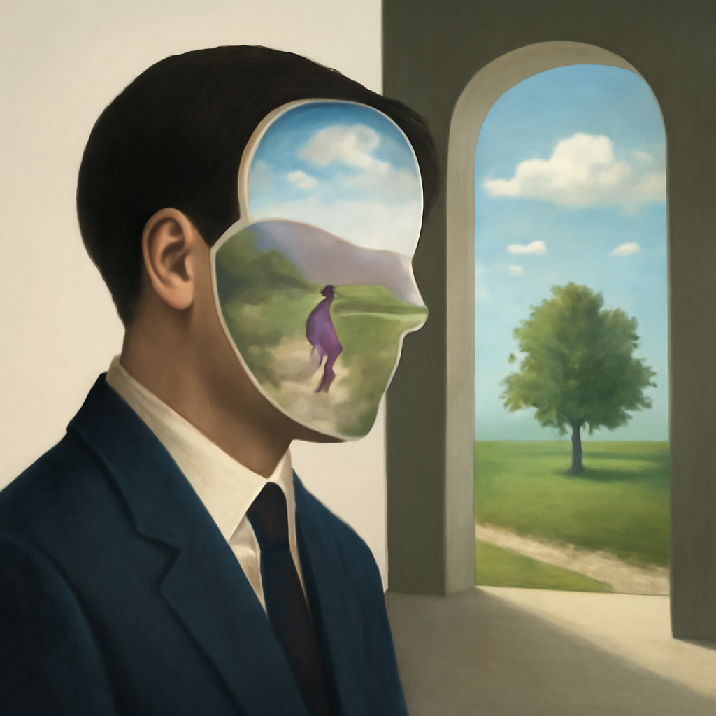 psychological artwork for exploration about Getting Over Someone: The Journey of Healing and Moving On — surrealist, Magritte-esque, inner landscape in uncanny introspection, dreamlike depth
