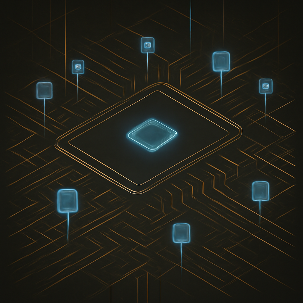 technological artwork for exploration about The Infinite Canvas: Software in the Age of Universal Creation — blueprint, circuit aesthetic, technical schematic in sleek futurism, controlled power